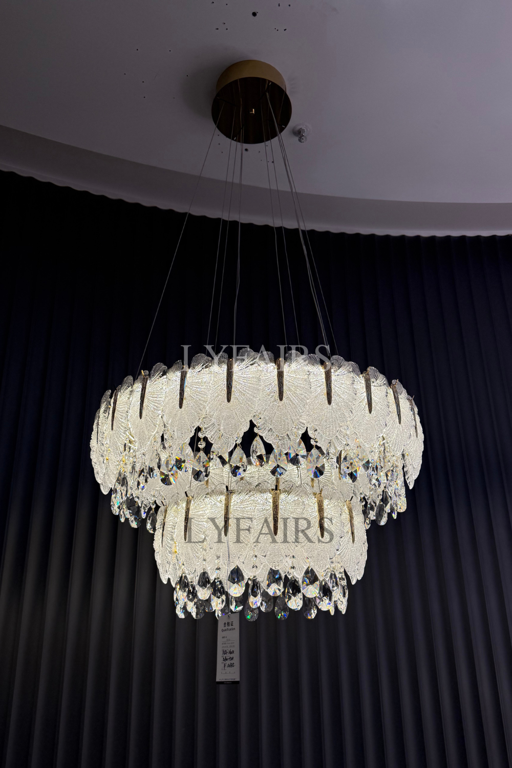 Luxurious Cascading Handcrafted Glass Leaf Multi-Tier Crystal Waterfall Chandelier