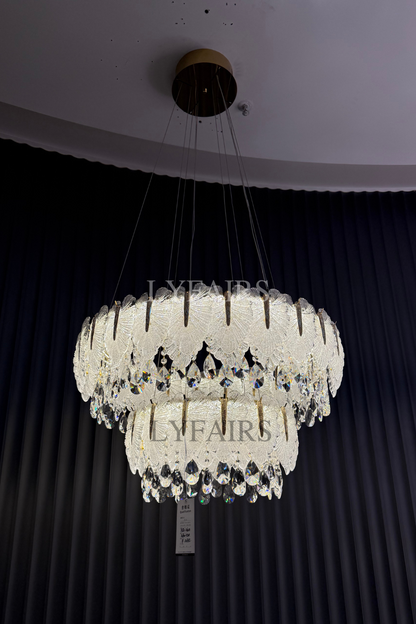 Luxurious Cascading Handcrafted Glass Leaf Multi-Tier Crystal Waterfall Chandelier