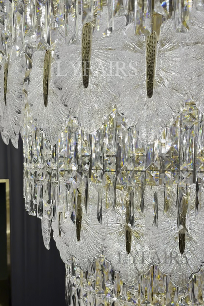 Luxurious Cascading Handcrafted Glass Leaf Multi-Tier Crystal Waterfall Chandelier