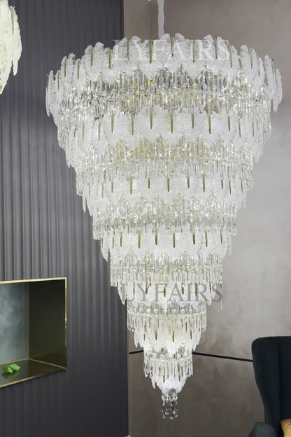 Luxurious Cascading Handcrafted Glass Leaf Multi-Tier Crystal Waterfall Chandelier