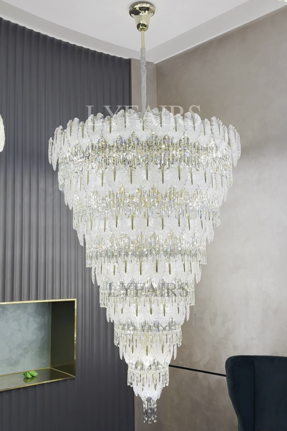 Luxurious Cascading Handcrafted Glass Leaf Multi-Tier Crystal Waterfall Chandelier