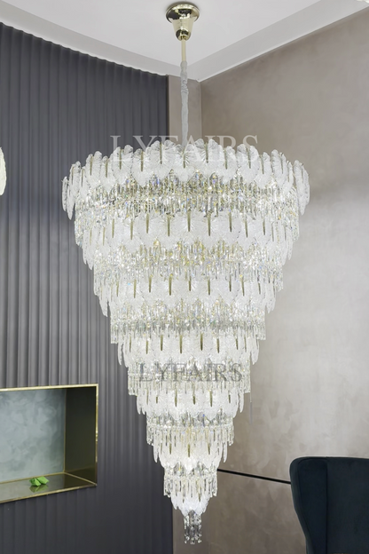 Luxurious Cascading Handcrafted Glass Leaf Multi-Tier Crystal Waterfall Chandelier