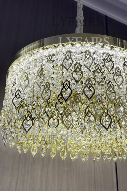 Elegant Crystal Tassel Gold Leaf Round Chandelier for Low Ceilings