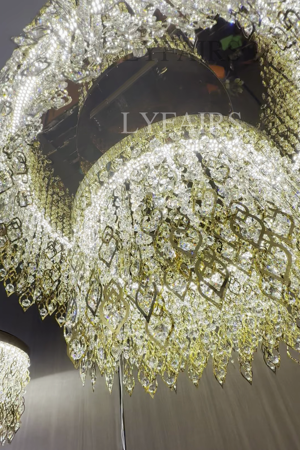 Elegant Crystal Tassel Gold Leaf Round Chandelier for Low Ceilings
