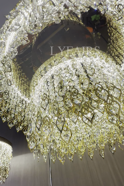 Elegant Crystal Tassel Gold Leaf Round Chandelier for Low Ceilings