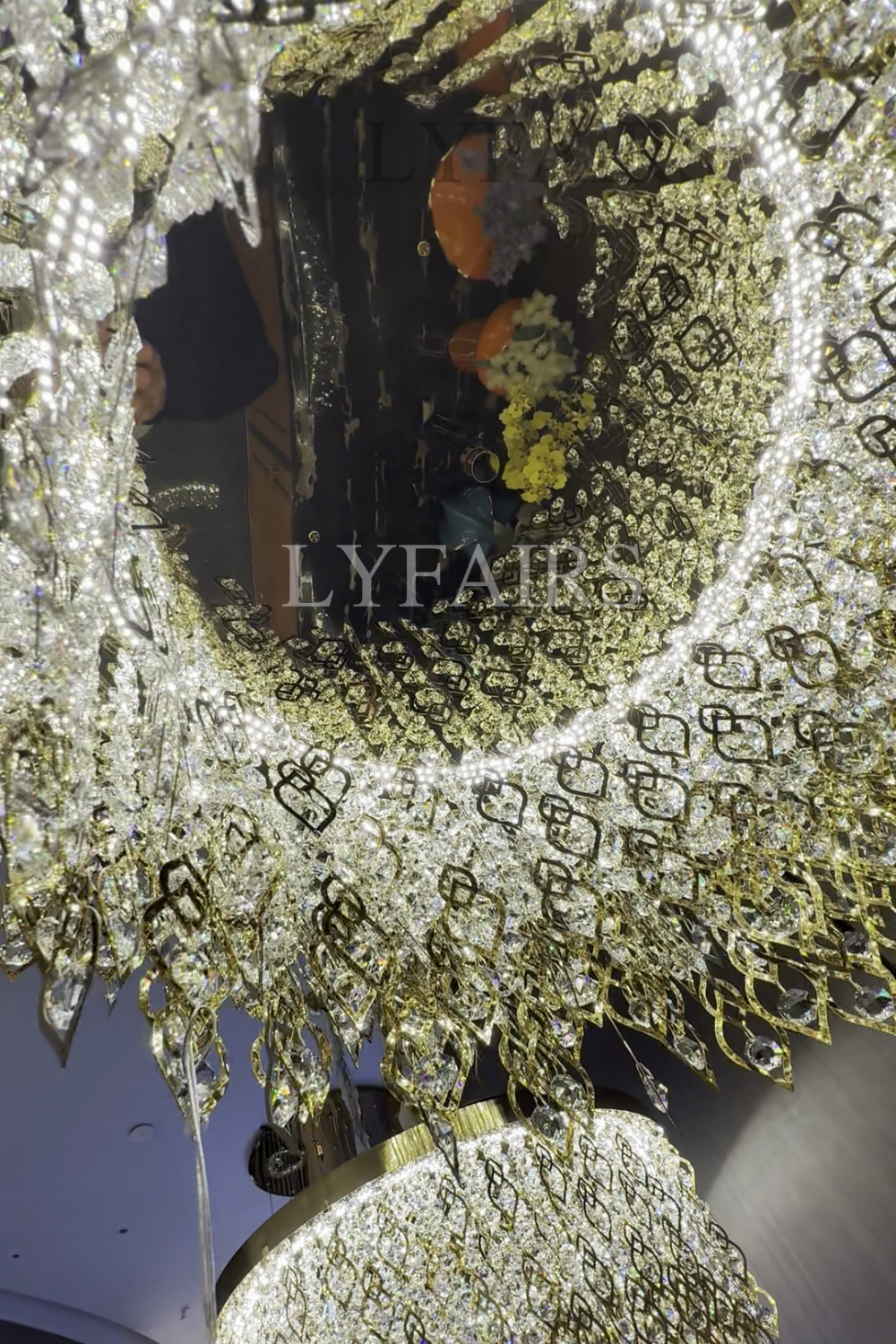 Elegant Crystal Tassel Gold Leaf Round Chandelier for Low Ceilings