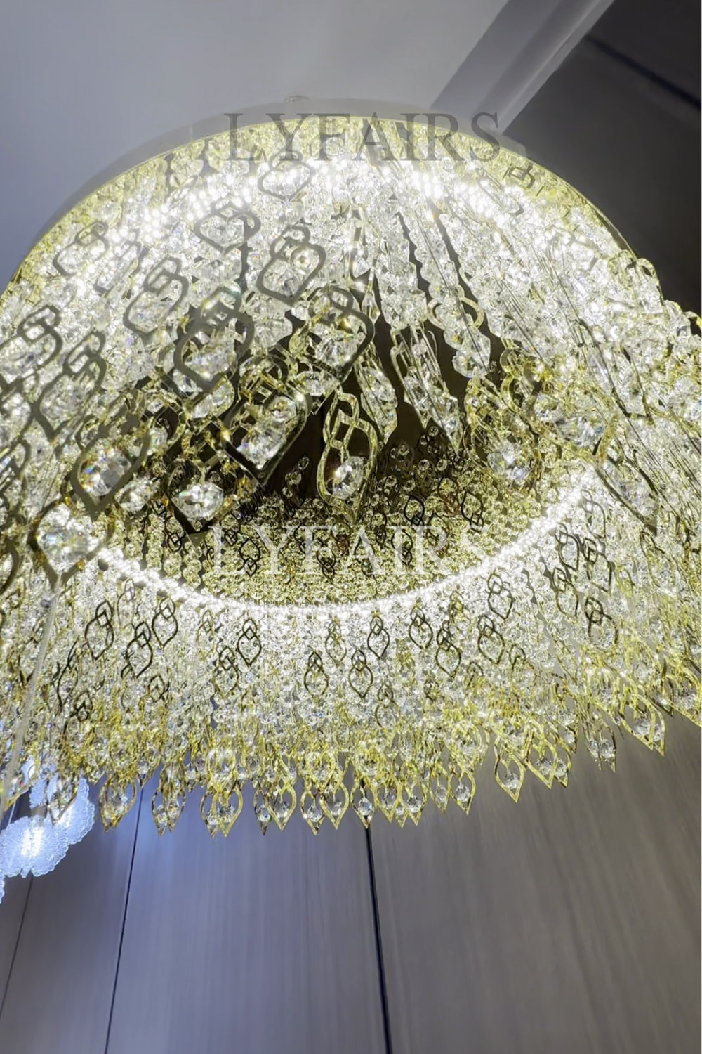 Elegant Crystal Tassel Gold Leaf Round Chandelier for Low Ceilings