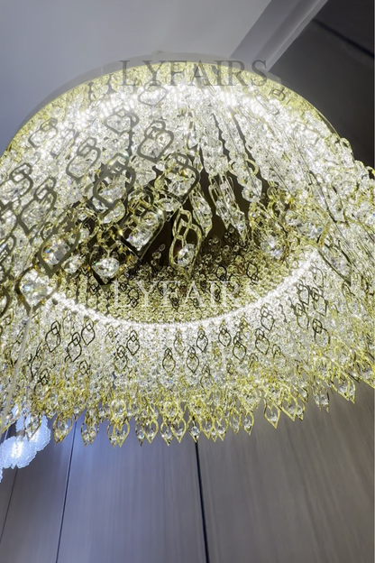 Elegant Crystal Tassel Gold Leaf Round Chandelier for Low Ceilings