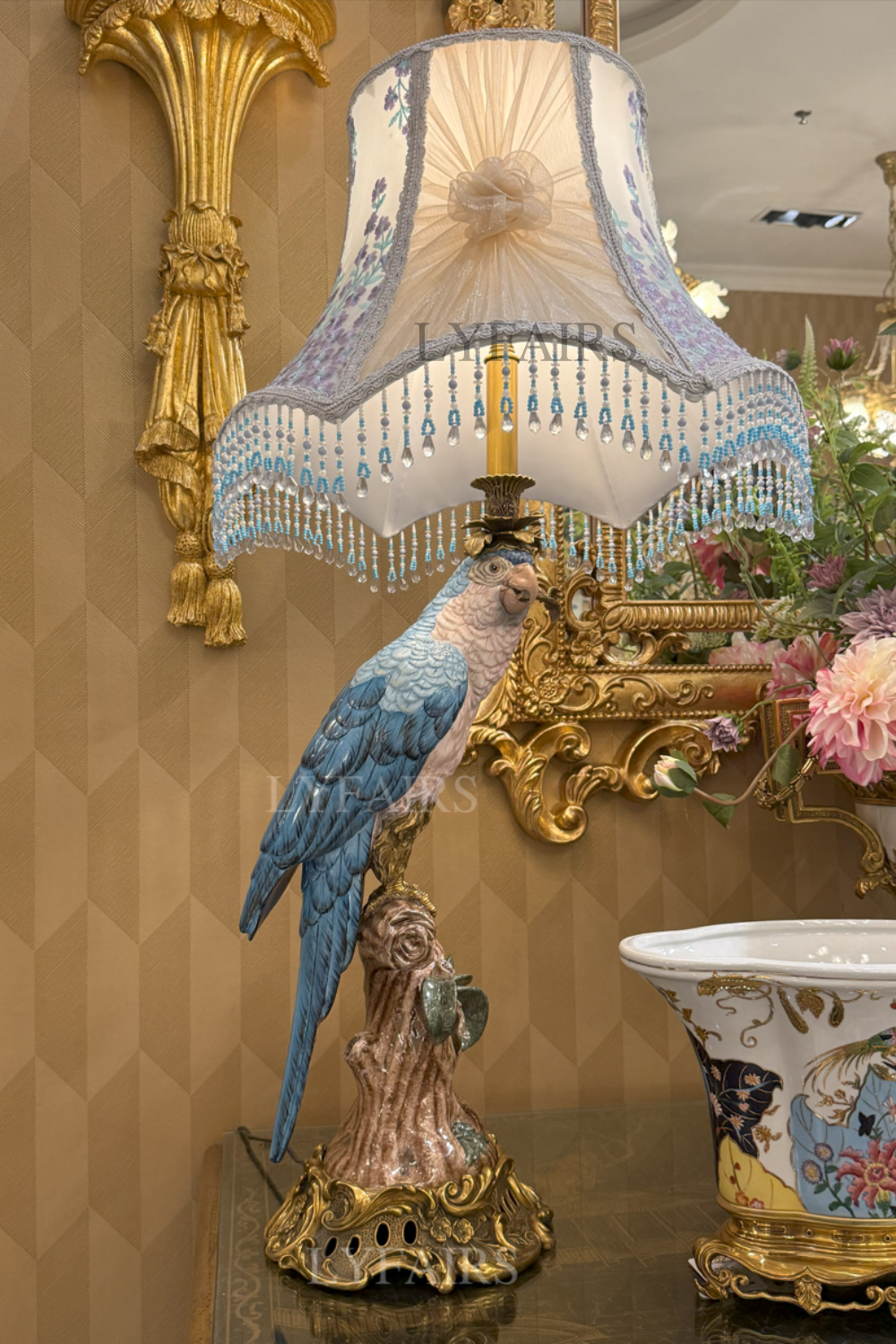 LYFAIRS x FH&Home Romantic Carved Parrot Table Lamp with Classic Fringe Lampshade