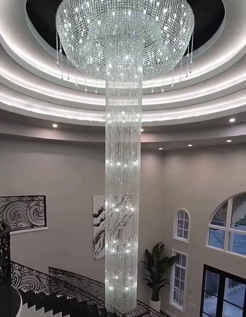 Extra Large Flush Mount Silver Waterfall Luxury Ceiling Crystal Chandelier for High-ceiling Living Room/Duplex Hall