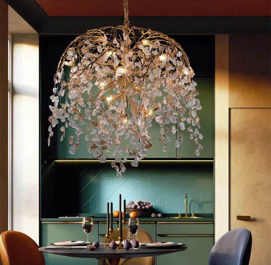 Modern Luxury Leaf Branch Crystal Chandelier Art Copper for Living/Dining Room/Bedroom