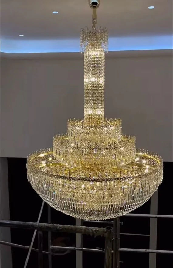 Luxury Oversized Gold European Crystal Chandelier 3-tiered Medium-length for Foyer/Staircase/Hallway/Entryway