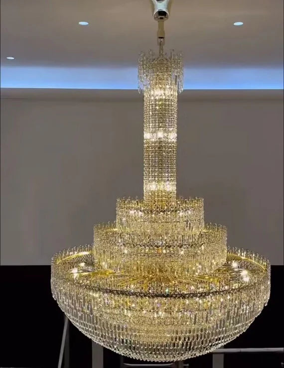 Luxury Oversized Gold European Crystal Chandelier 3-tiered Medium-length for Foyer/Staircase/Hallway/Entryway