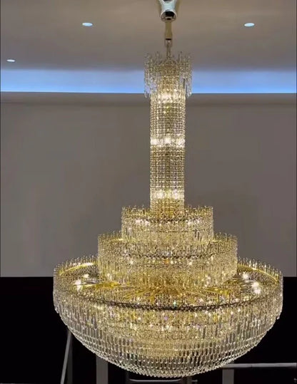 Luxury Oversized Gold European Crystal Chandelier 3-tiered Medium-length for Foyer/Staircase/Hallway/Entryway