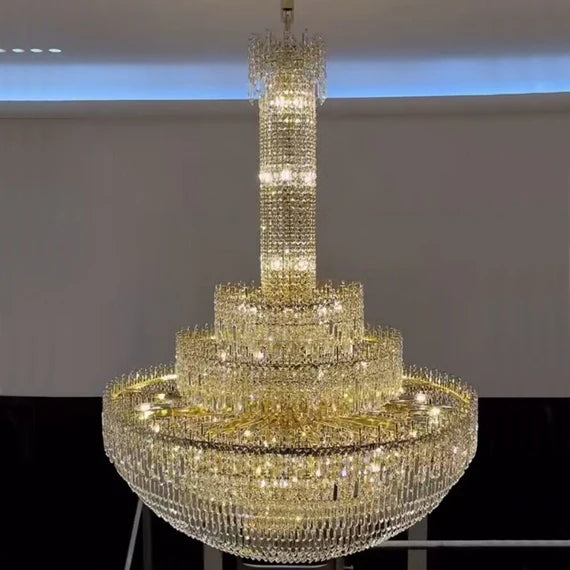 Luxury Oversized Gold European Crystal Chandelier 3-tiered Medium-length for Foyer/Staircase/Hallway/Entryway
