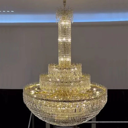 Luxury Oversized Gold European Crystal Chandelier 3-tiered Medium-length for Foyer/Staircase/Hallway/Entryway