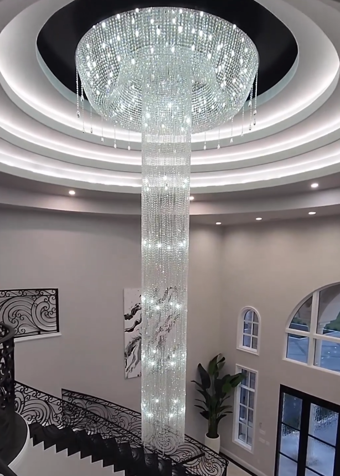 Extra Large Flush Mount Silver Waterfall Luxury Ceiling Crystal Chandelier for High-ceiling Living Room/Duplex Hall