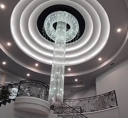Extra Large Flush Mount Silver Waterfall Luxury Ceiling Crystal Chandelier for High-ceiling Living Room/Duplex Hall