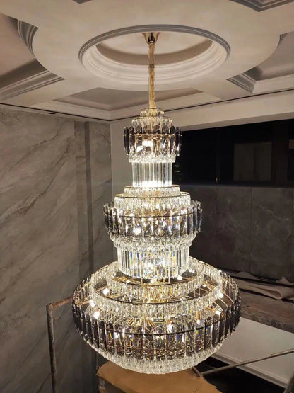 Golden Era Grand Cascade Fountain Smoky Gray&Clear Crystal Chandelier for High-ceiling