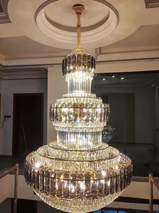 Golden Era Grand Cascade Fountain Smoky Gray&Clear Crystal Chandelier for High-ceiling