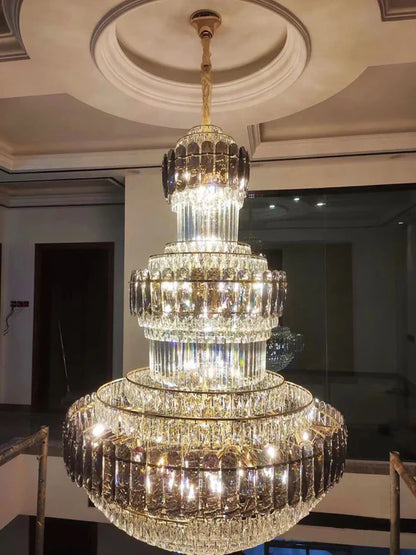 Golden Era Grand Cascade Fountain Smoky Gray&Clear Crystal Chandelier for High-ceiling