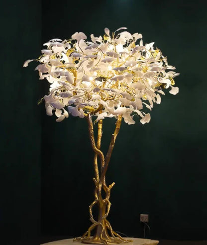 Luxury Creative White Ceramic Ginkgo Biloba Copper Branch Art Design Tree Floor Lamps for Living Room/Bedroom/Dressing Room
