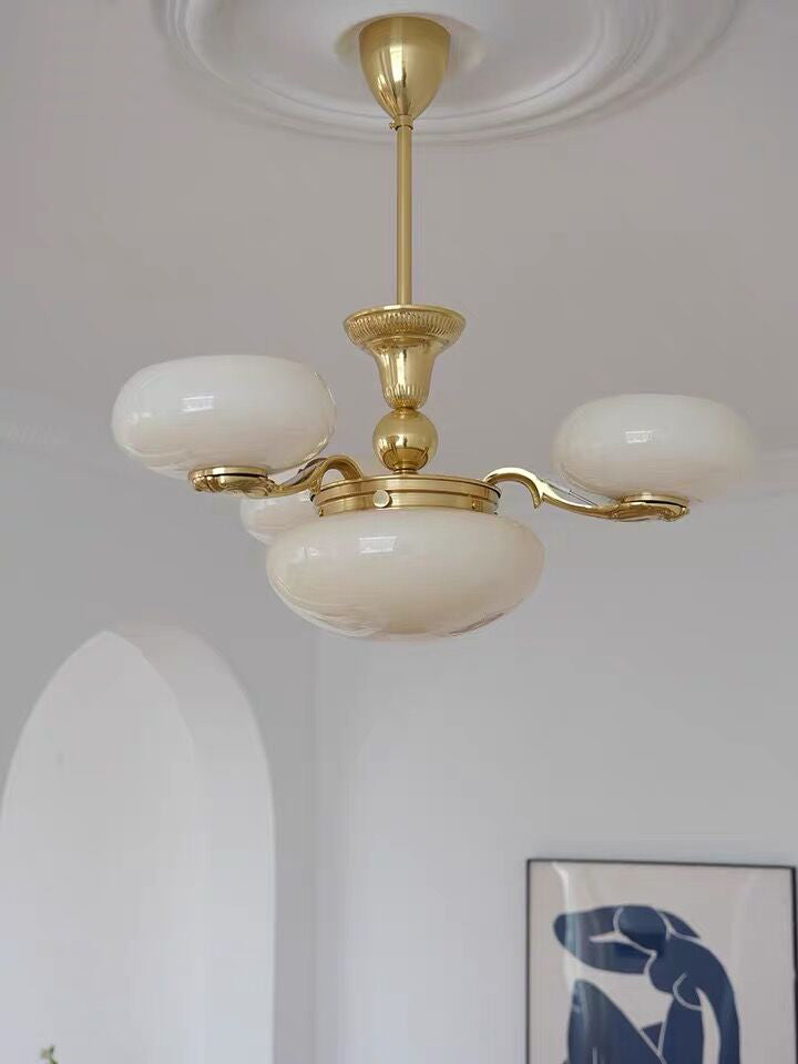 Chic Mid-century  Art Deco Style Brass Chandelier With White Opal