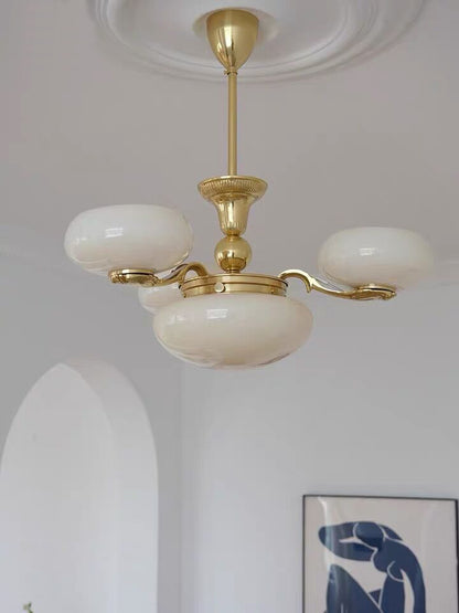Chic Mid-century  Art Deco Style Brass Chandelier With White Opal