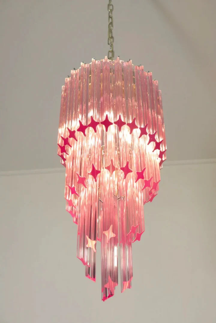 Mid-Century Modern Pink/Transparent Glass Cascading Spiral Chandelier