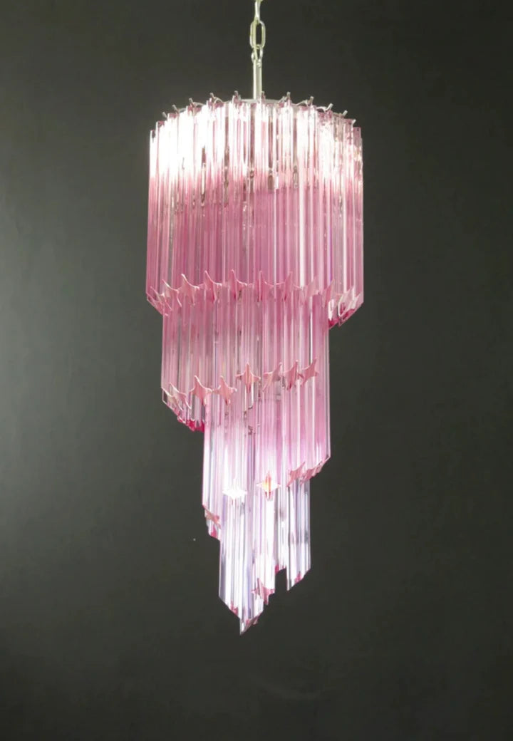 Mid-Century Modern Pink/Transparent Glass Cascading Spiral Chandelier