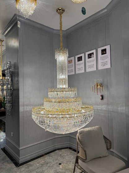 Luxury Oversized Gold European Crystal Chandelier 3-tiered Medium-length for Foyer/Staircase/Hallway/Entryway