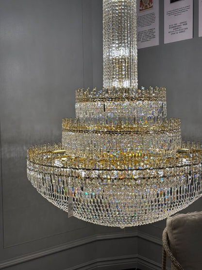 Luxury Oversized Gold European Crystal Chandelier 3-tiered Medium-length for Foyer/Staircase/Hallway/Entryway