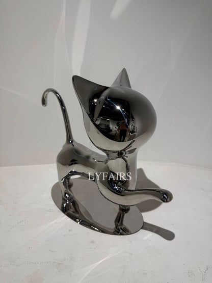 Handcrafted Stainless Steel Cat Art Sculpture with Playful Poses