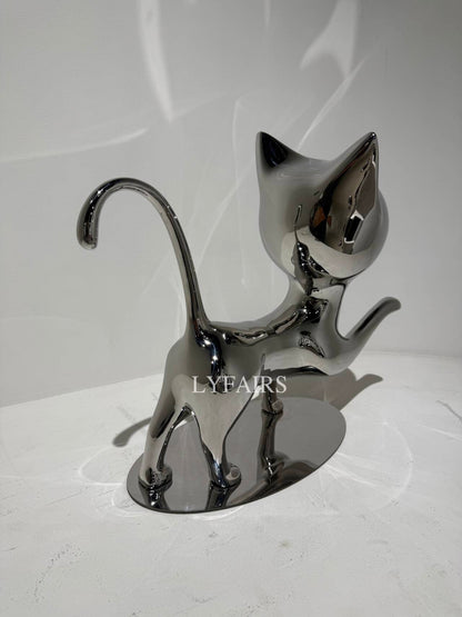 Handcrafted Stainless Steel Cat Art Sculpture with Playful Poses