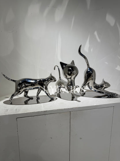 Handcrafted Stainless Steel Cat Art Sculpture with Playful Poses