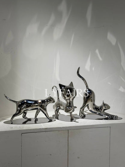 Handcrafted Stainless Steel Cat Art Sculpture with Playful Poses