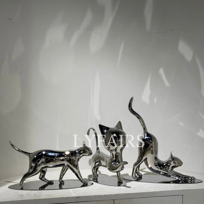 Handcrafted Stainless Steel Cat Art Sculpture with Playful Poses