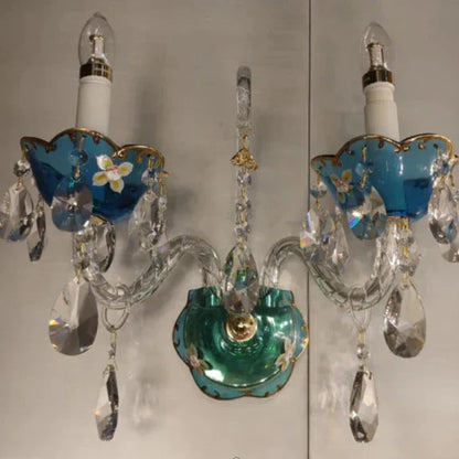 French Romantic Blue Crystal Designer Wall Lamp