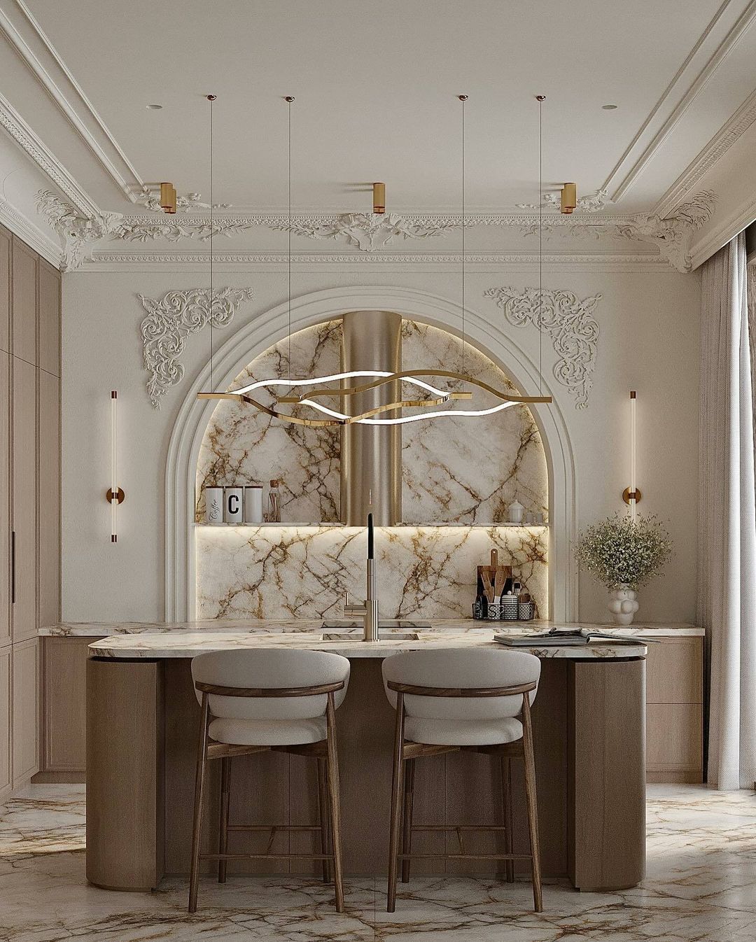 Modern Simple Brass Waving Chandelier for Living/Dining Room/Kitchen Island