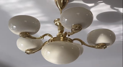 Chic Mid-century  Art Deco Style Brass Chandelier With White Opal