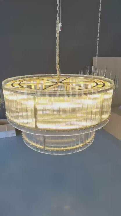 Modern 2-Tier Round Handmade Fluted Glass Panels Chandelier