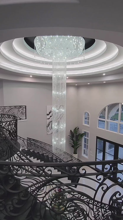 Extra Large Flush Mount Silver Waterfall Luxury Ceiling Crystal Chandelier for High-ceiling Living Room/Duplex Hall