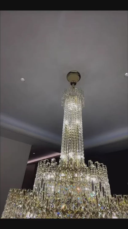 Luxury Oversized Gold European Crystal Chandelier 3-tiered Medium-length for Foyer/Staircase/Hallway/Entryway