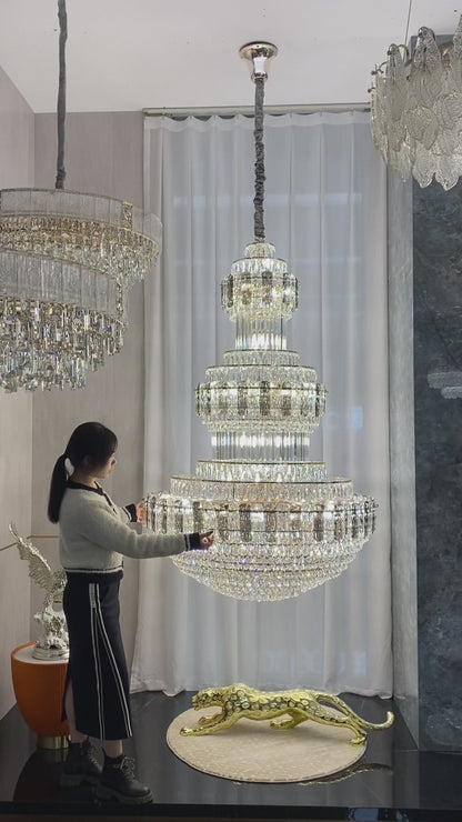 Golden Era Grand Cascade Fountain Smoky Gray&Clear Crystal Chandelier for High-ceiling