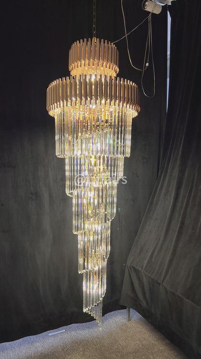 Extra Large Vertical Long Crystal Foyer Hallway Chandelier Spiral Staircase Ceiling Lighting Fixture In Black/ Gold Finish