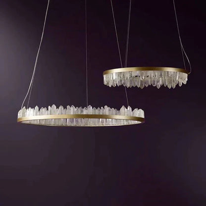 Modern Style Rings Brass & Natural Quartz Crystal Chandelier in Brass/Black Finish