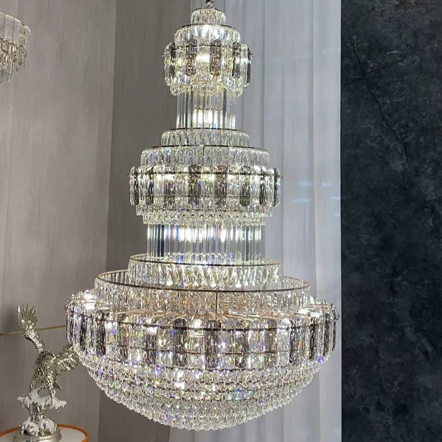 Golden Era Grand Cascade Fountain Smoky Gray&Clear Crystal Chandelier for High-ceiling