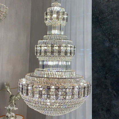 Golden Era Grand Cascade Fountain Smoky Gray&Clear Crystal Chandelier for High-ceiling