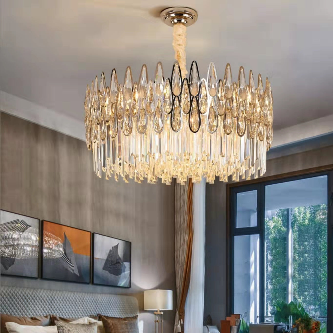 Round Crystal Chandelier Modern Living Room Ceiling Light