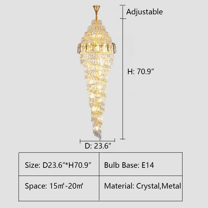 D23.6"*H70.9" chandelier,chandeliers,pendant,crystal,high quality k9 crystal,metal,gold,black,clear crystal,oversized,extra large,large,big,huge,,luxury,light luxury,ceiling,crystal chain,rods,living room,foyer,entrys,big hallway,spiral staircase,stairs,entryance,loft,duplex hall,hotel lobby
